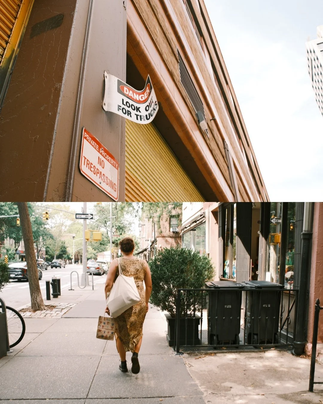 Close-up of a building corner with signs that read 'Danger Look Out for Trucks' and 'Private Property No Trespassing'. A woman with short hair, wearing a leopard-print dress, carrying a white tote bag and a patterned shopping bag, walks down the side