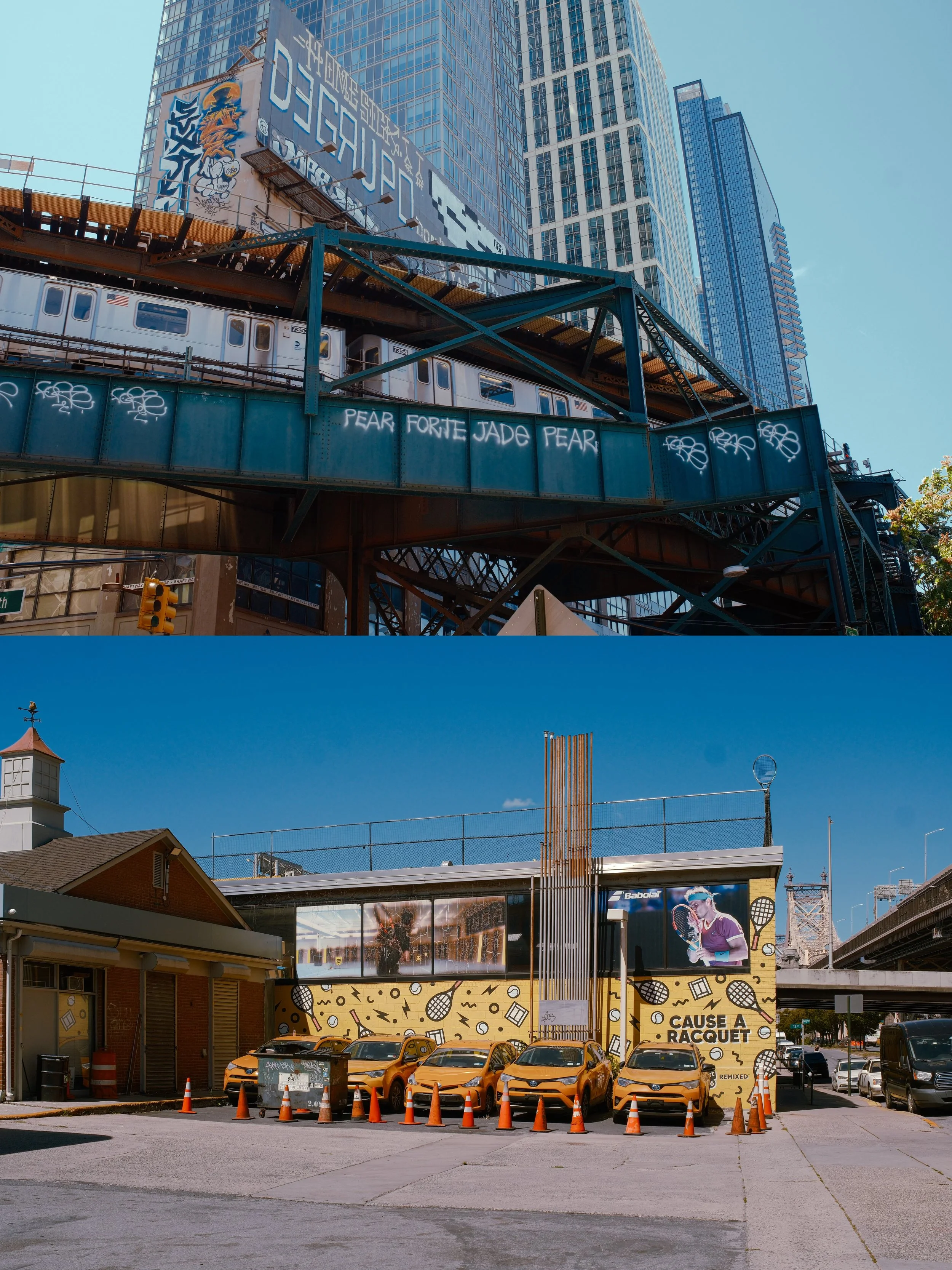 Top part of the image shows an overpass with graffitied blue metal structure and a train passing on it, high-rise buildings in the background, and graffiti that says 'PEAR FORTE JADE PEAR.' Bottom part of the image shows a parking lot with five yello