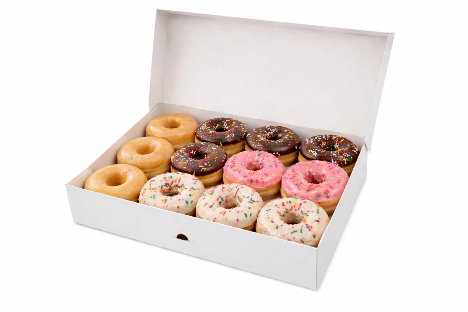 A white box containing twelve assorted donuts, with various flavors and colorful sprinkles.
