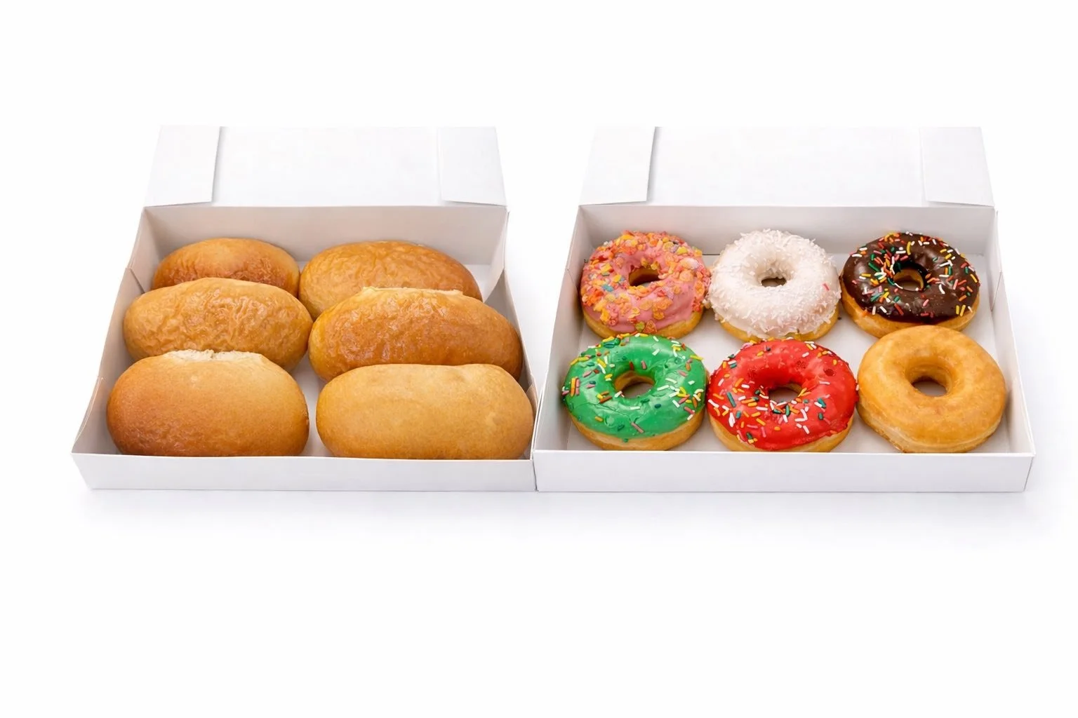 Two white boxes of donuts, one with plain glazed donuts and the other with decorated donuts with pink, white, green, and red icing and sprinkles.