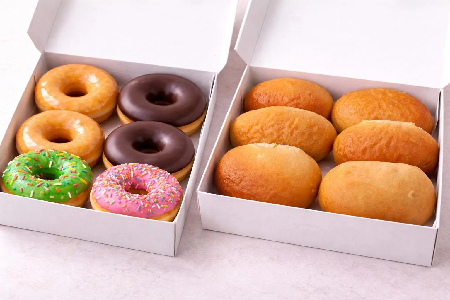 Two white boxes containing assorted donuts and fried bread rolls. One box has colorful donuts with sprinkles, plain glazed, and chocolate glazed. The other box has plain fried bread rolls.