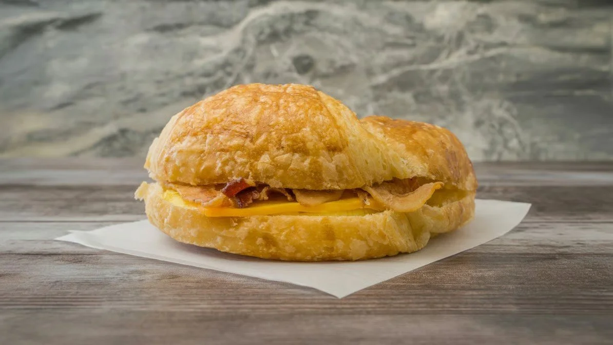 A breakfast sandwich with bacon, cheddar cheese, and egg on a flaky croissant