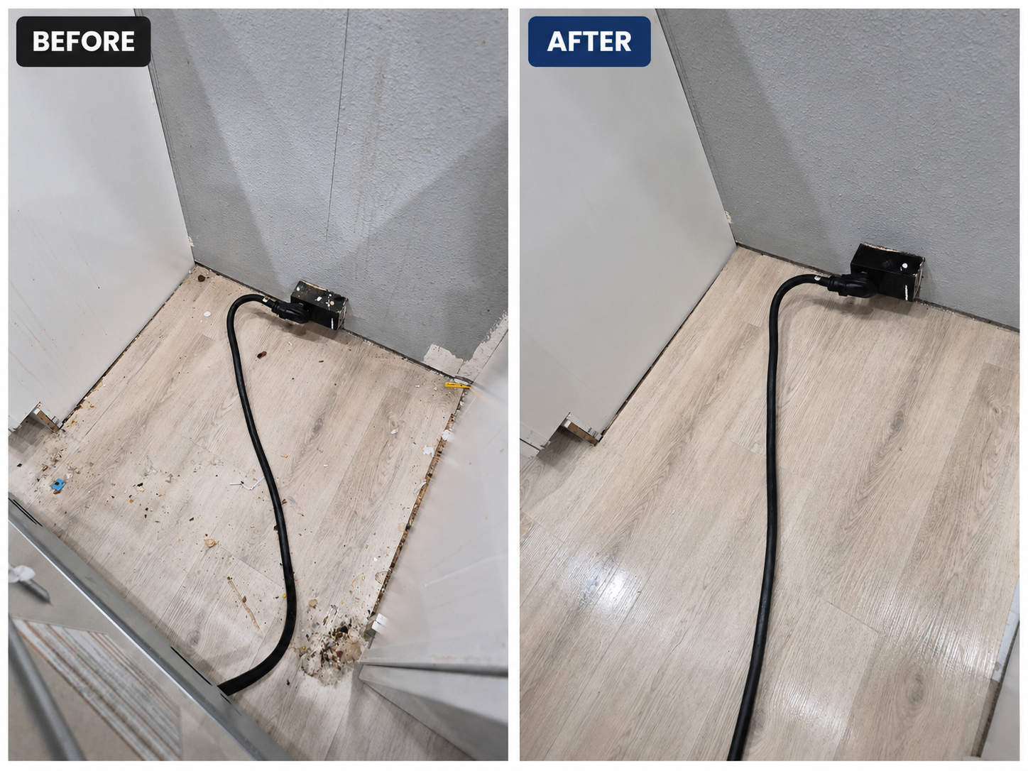 Before and after kitchen deep cleaning service showing debris and buildup removed from behind an oven by ClearPeak Cleaning Solutions