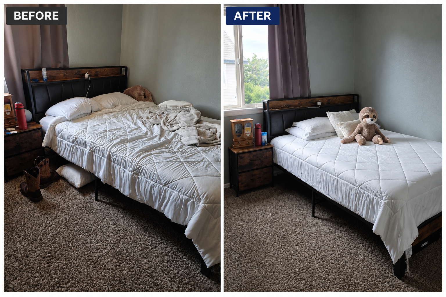 Before and after residential bedroom cleaning by ClearPeak Cleaning Solutions showing a cleaned and organized bedroom in the Denver Metro Area