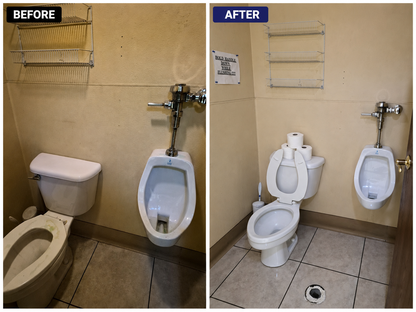 Before and after commercial restroom deep cleaning by ClearPeak Cleaning Solutions showing removal of dirt, buildup, and restroom grime