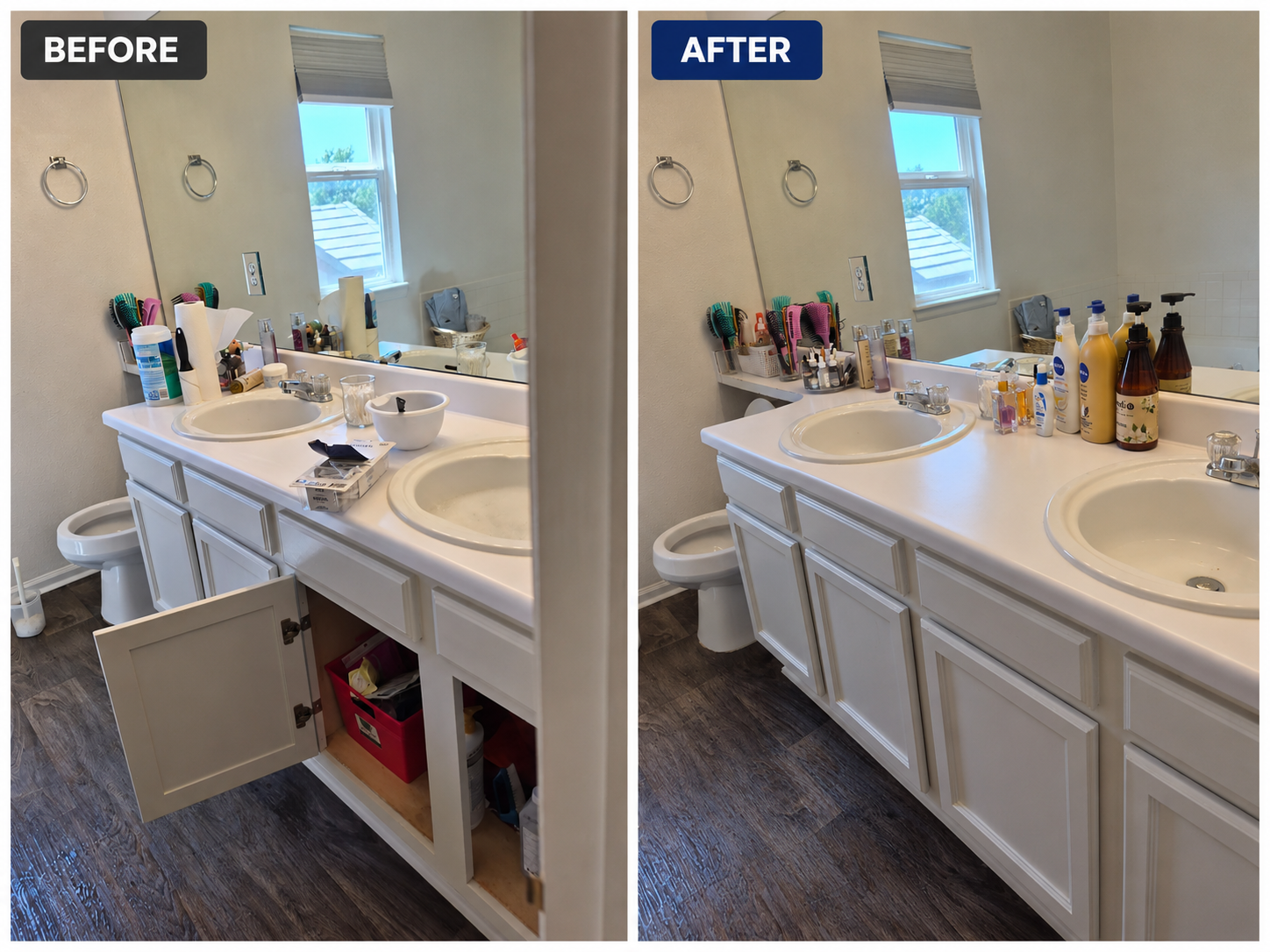Before and after residential bathroom deep cleaning by ClearPeak Cleaning Solutions showing removal of dirt, buildup, and bathroom grime