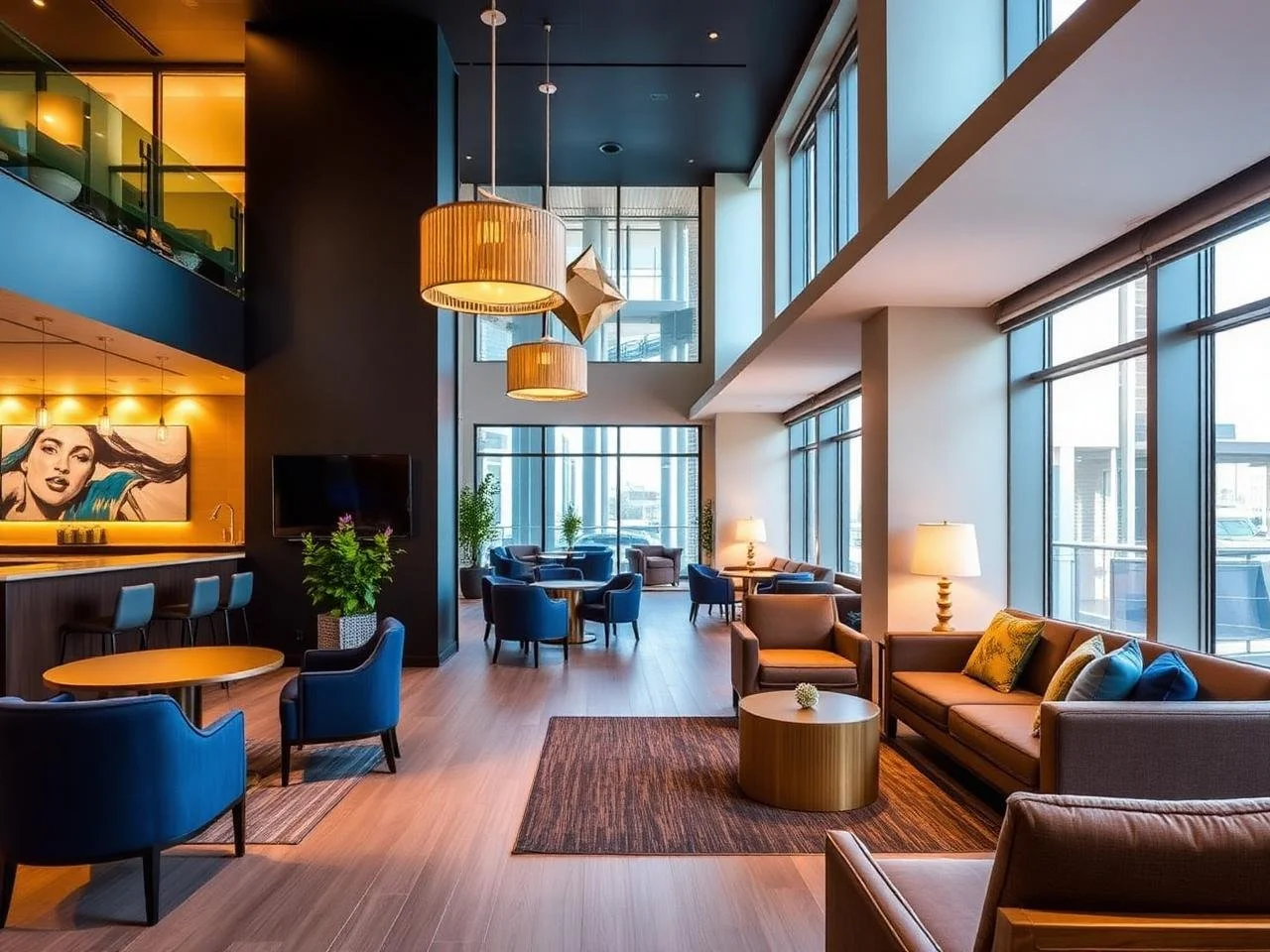 Modern hotel lobby with large windows, seating areas with sofas and armchairs, a bar area with stools, and contemporary decor.