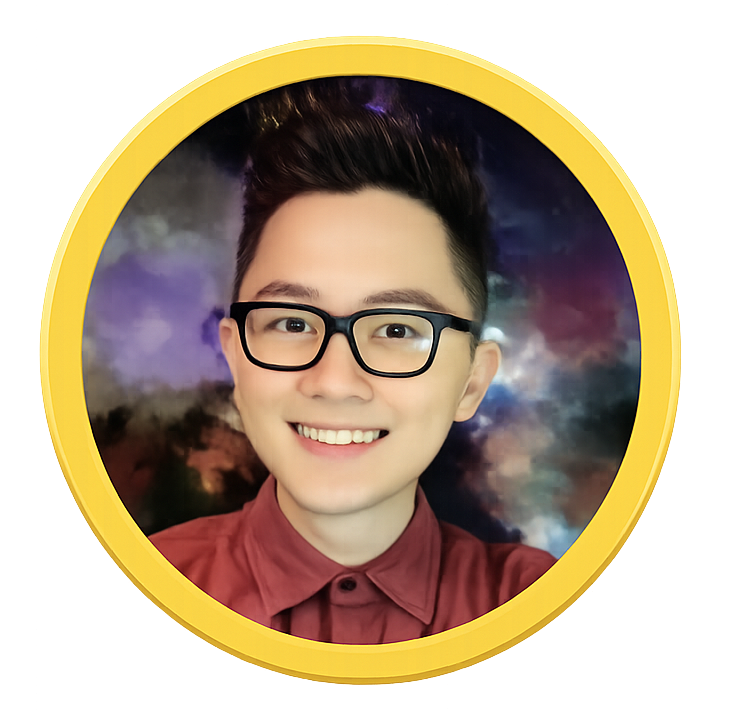 Directors of Sleepy Bear Group. Smiling young man with glasses, short dark hair, wearing a maroon button-up shirt, in front of a colorful galaxy background.