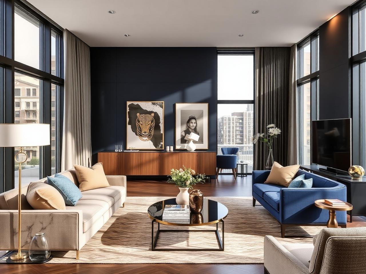 Modern living room with large windows, beige and blue sofas, a black coffee table with vases and books, artwork on the dark accent wall, a flat-screen TV, and decorative plants.