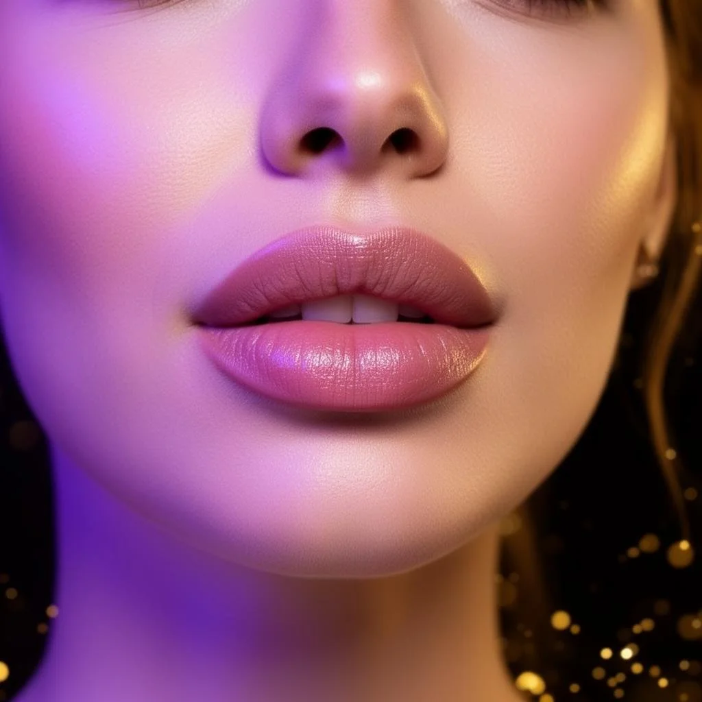 Close-up of a woman's face focusing on her lips, which are wearing pink gloss, and part of her nose.