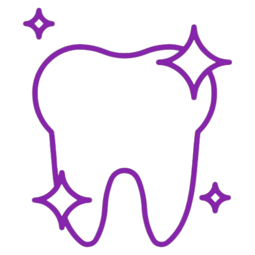 Purple outline of a tooth with sparkling star shapes around it.
