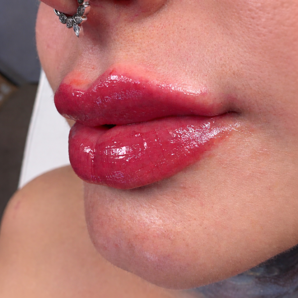 Close-up of a person's lips with red lipstick and a nose piercing.