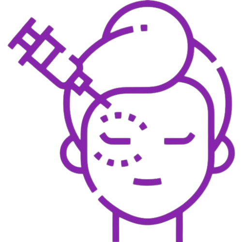 Line drawing of a person's head with bandages on the face, a syringe injected into the forehead, and a clock on the forehead.