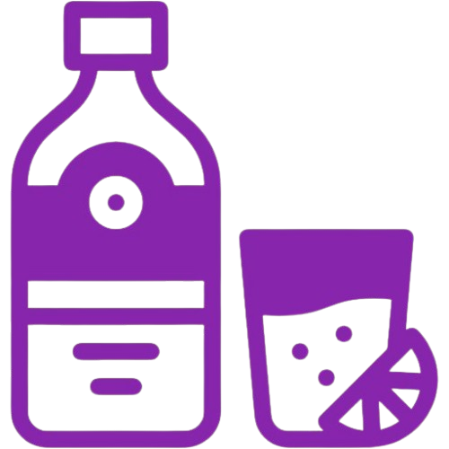 Stylized illustration of a bottle of cough syrup and a glass with pills and a lemon slice on a purple background.