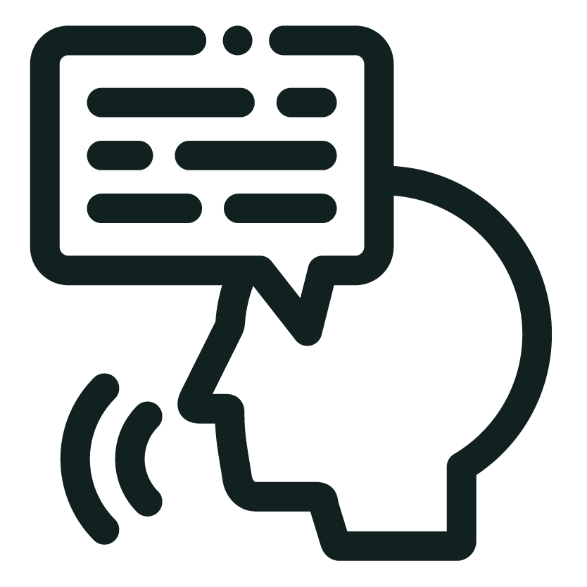 Outline icon of a person speaking with a speech bubble containing lines of text.