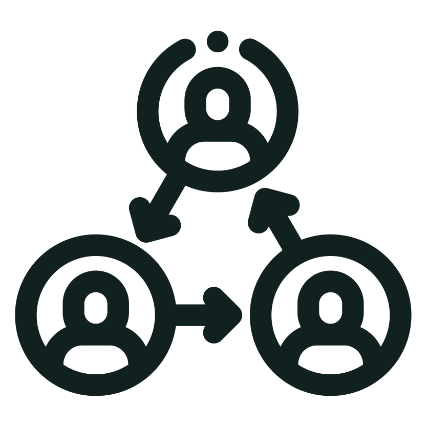 Diagram of three interconnected person icons with arrows indicating a circular relationship.