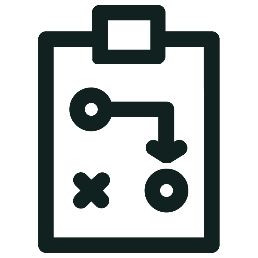 Icon of a clipboard with a diagram representing a game plan or strategic move, including arrows, circles, and X's.