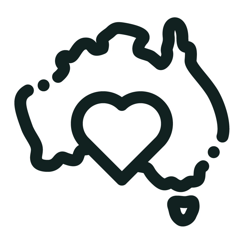 Outline of Australia with a heart in the center.