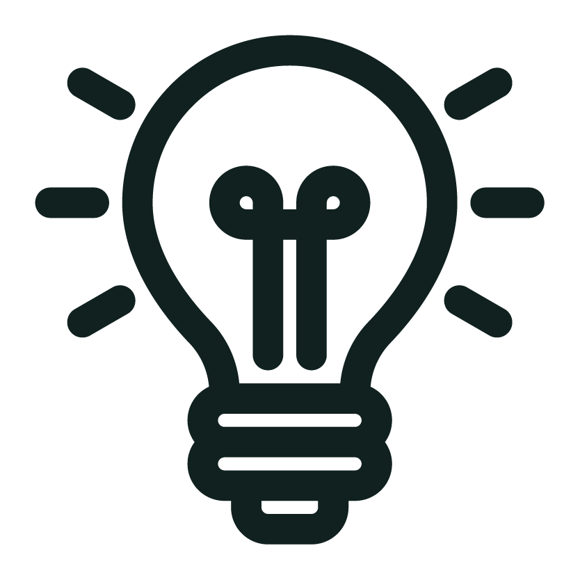 Black outline of a lightbulb with a brain inside, surrounded by short lines indicating brightness or ideas