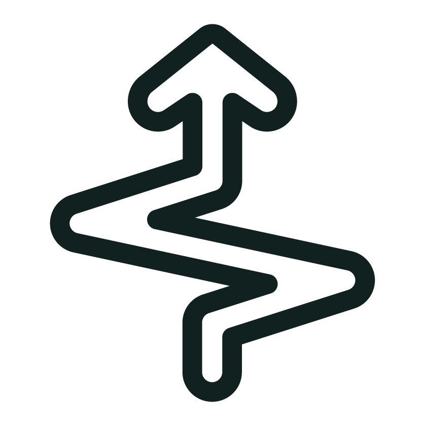 A stylized arrow pointing upward with a winding path or road beneath it.