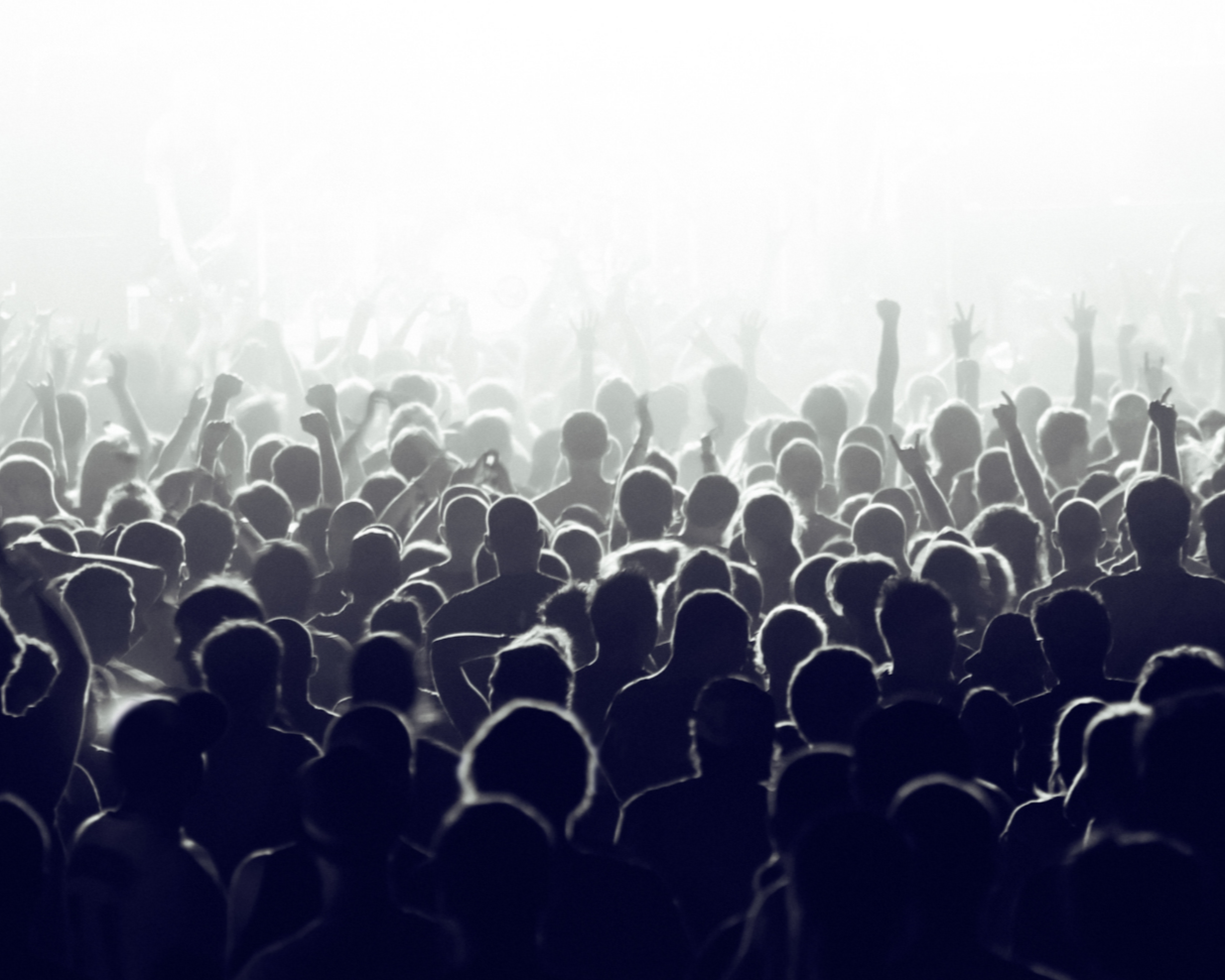 Crowd of people at a concert or event, with many raising hands and standing together in silhouette against bright lighting.
