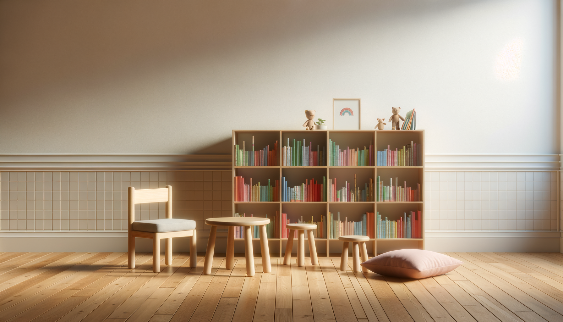 A children's play area with a wooden bookshelf filled with colorful books, small toys, and plush toys on top, a small wooden table with matching stools, a chair with a cushion, and a pink pillow on a wooden floor, with a plain wall in the background.