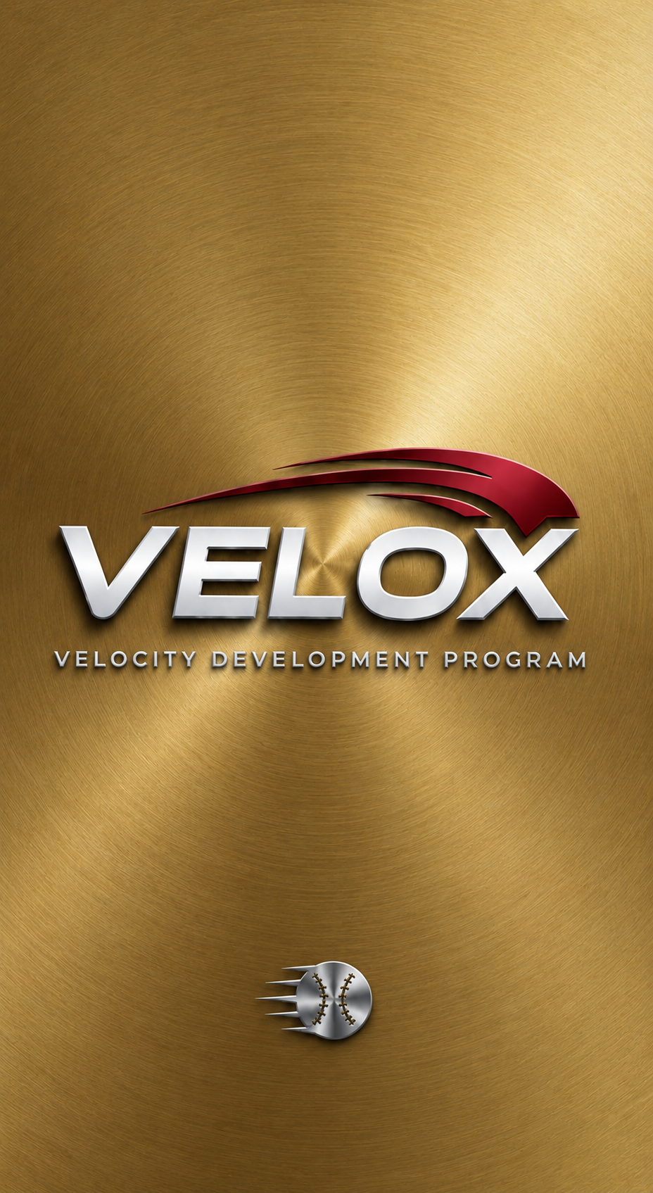 Logo for Velox Velocity Development Program with a stylized red swoosh and a metallic baseball icon on a gold brushed metal background.