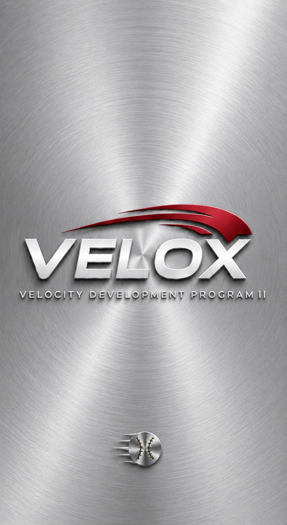 Logo for VELOX, with a red swoosh and metallic text, below the label 'Velocity Development Program II', on a brushed metal background, with a small graphic of a baseball at the bottom.