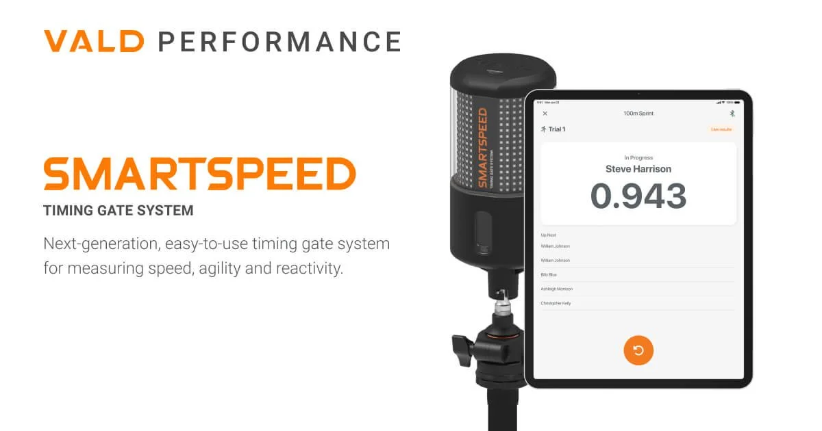 Product image of VALD Performance's SMARTSPEED timing gate system with a digital display showing a measurement of 0.943, used for measuring speed, agility, and reactivity.