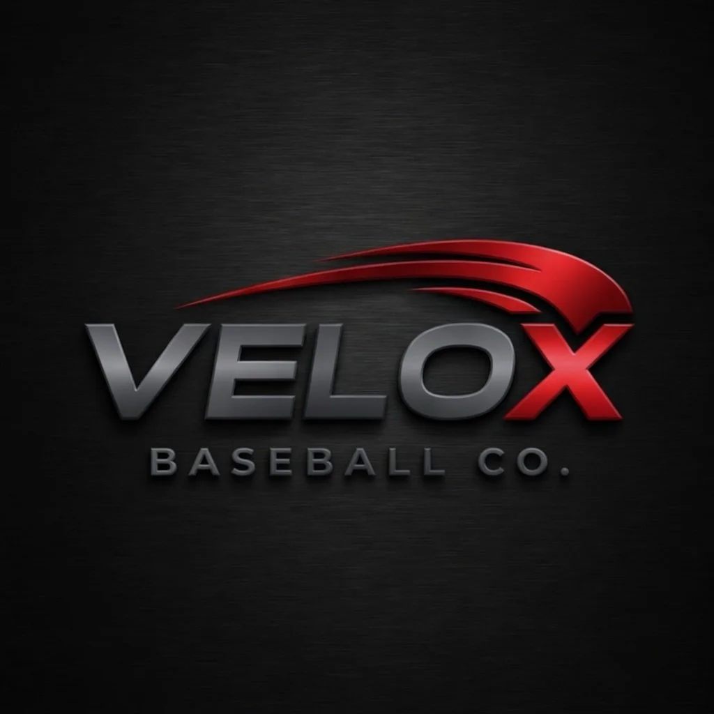 Velox Baseball Co. logo with a black background, featuring the word 'VELOX' in silver and red letters, with a red curved line above the text.