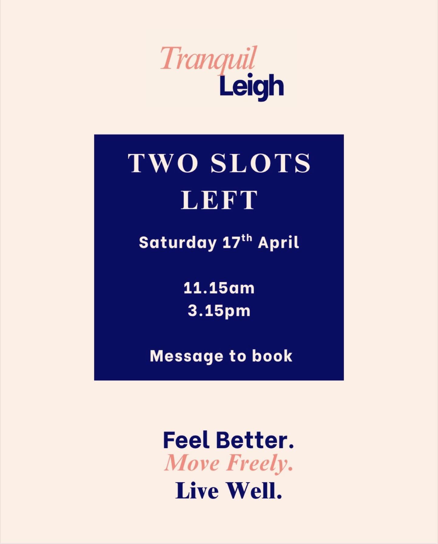 🌿 Two slots available this Saturday!
I have two spaces left this Saturday 18th April at the Dawn Lister Therapy Centre, Leigh-on-Sea. Whether you&rsquo;re carrying tension, in need of some post-Easter recovery, or simply ready to take some time for 