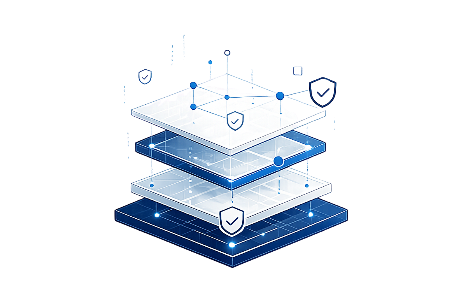 Digital illustration of layered security platform with shields and network connections, representing cybersecurity or data protection.