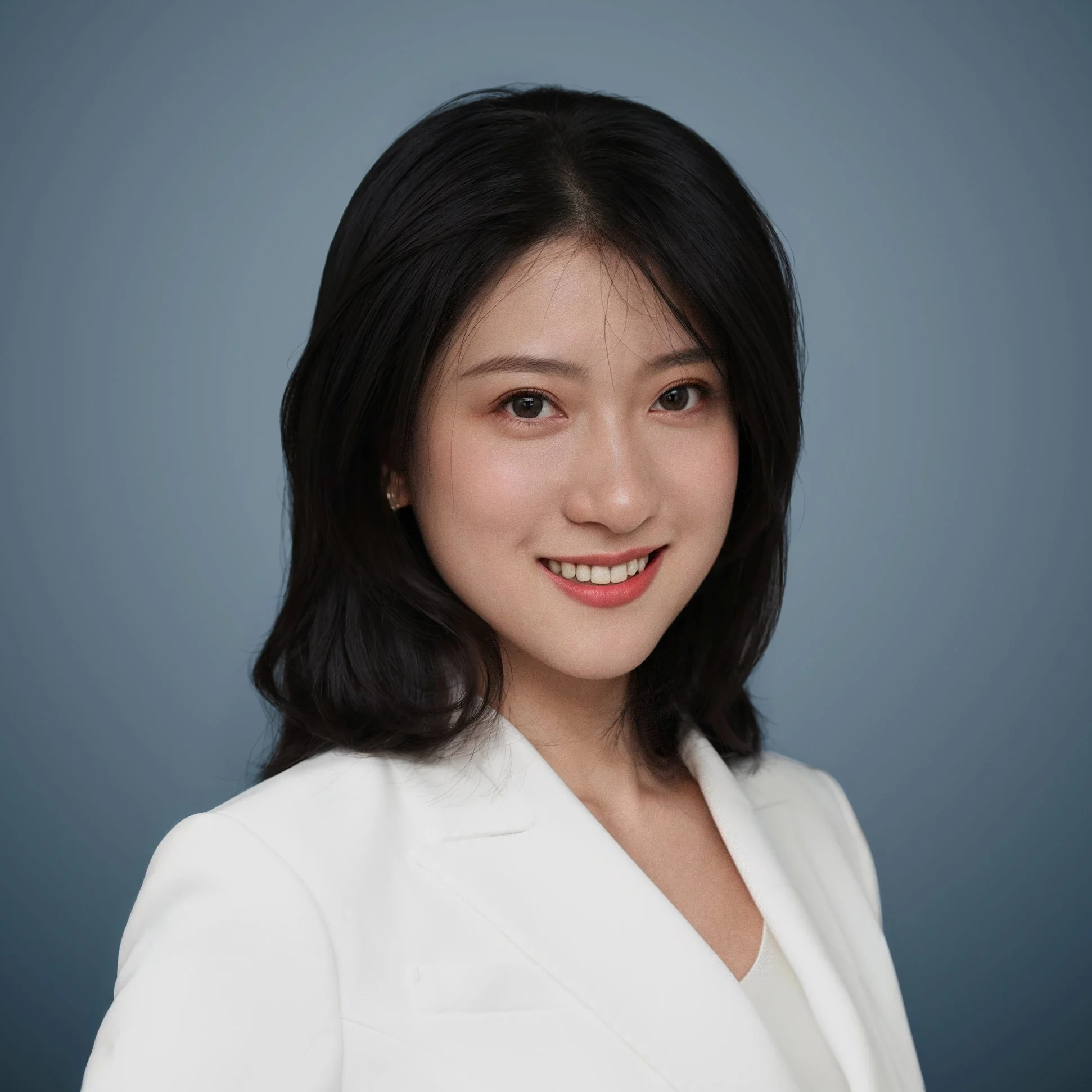 Close-up of a young Asian woman with dark, wavy hair wearing a white jacket, smiling, with a blue background.