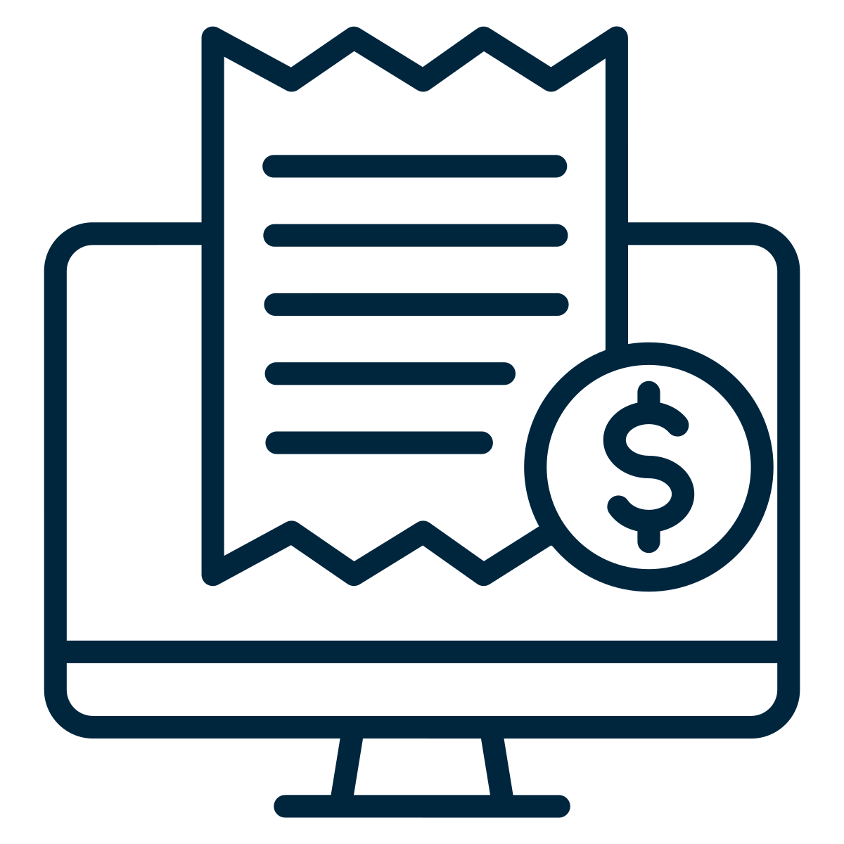 Computer monitor displaying a receipt and a dollar sign, representing online bill payment or financial transaction.