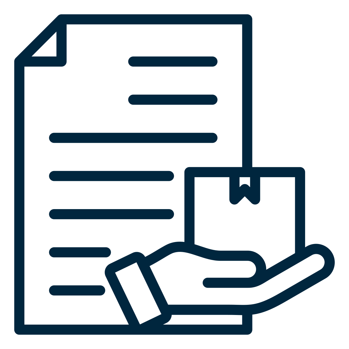 Outline of a hand holding a book or certificate with a document behind it.