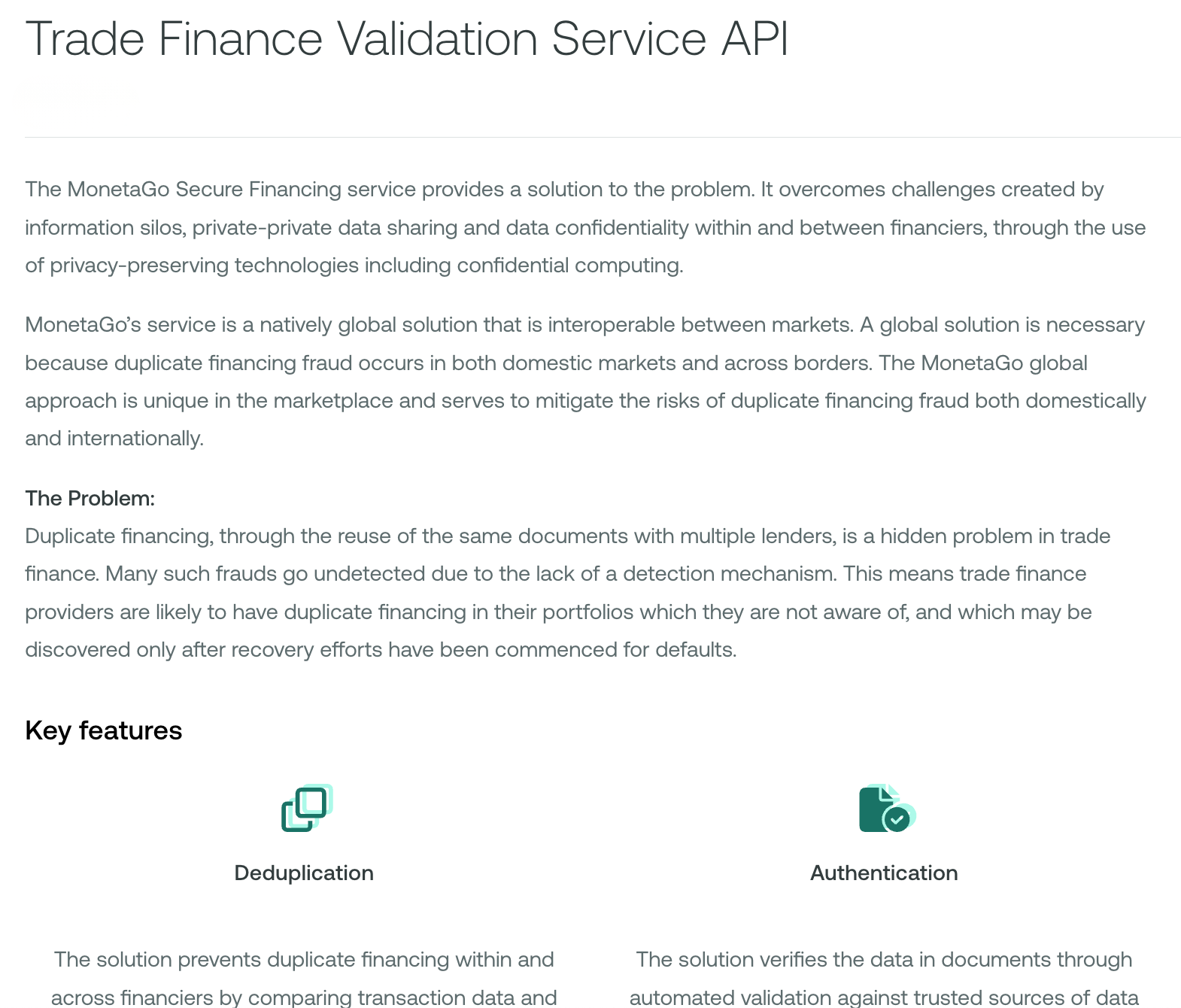 Screenshot of a webpage titled 'Trade Finance Validation Service API' with text explaining the problem of duplicate financing and key features, accompanied by icons labeled 'Deduplication' and 'Authentication'.