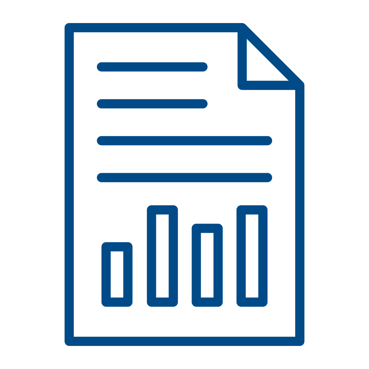Outline of a document with horizontal lines representing text and bar chart with five vertical bars of different heights.