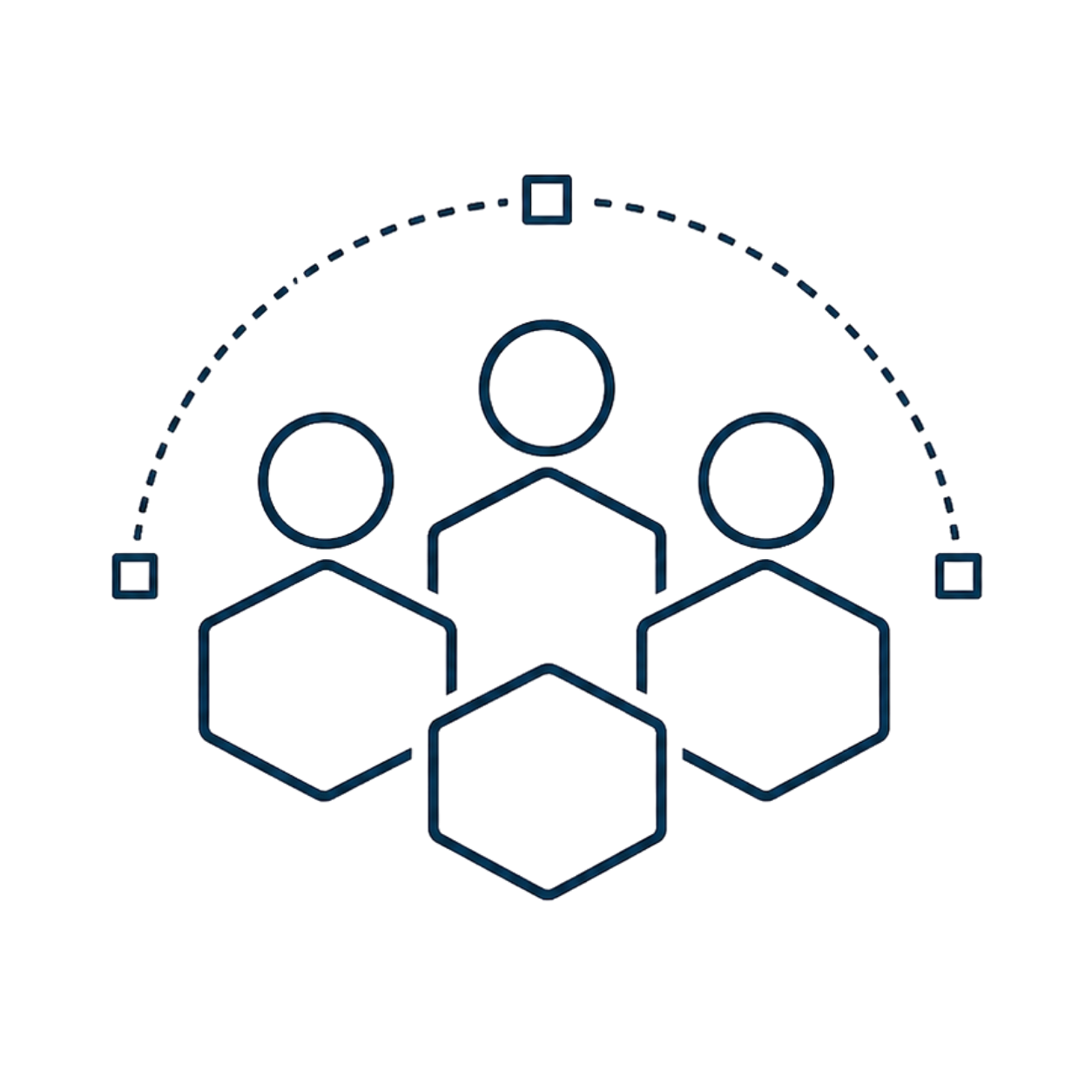 Digital illustration of a connected team, featuring stylized human figures within hexagons, surrounded by a semi-circle of digital elements, representing teamwork and technology.