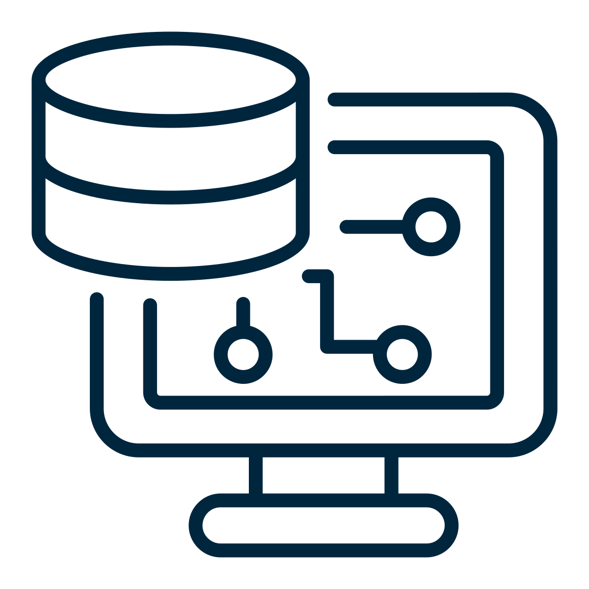 Line drawing of a computer monitor displaying a database icon connected to a circuit diagram.
