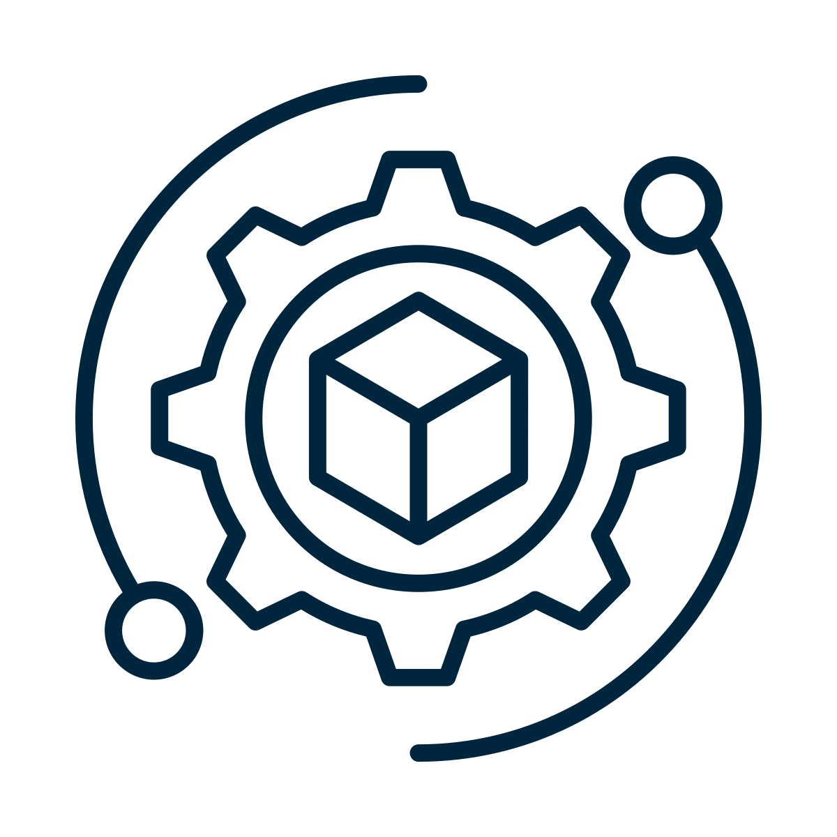Line drawing of a gear with a cube inside, surrounded by an orbit with three circles connected by lines, representing technology or engineering concepts.