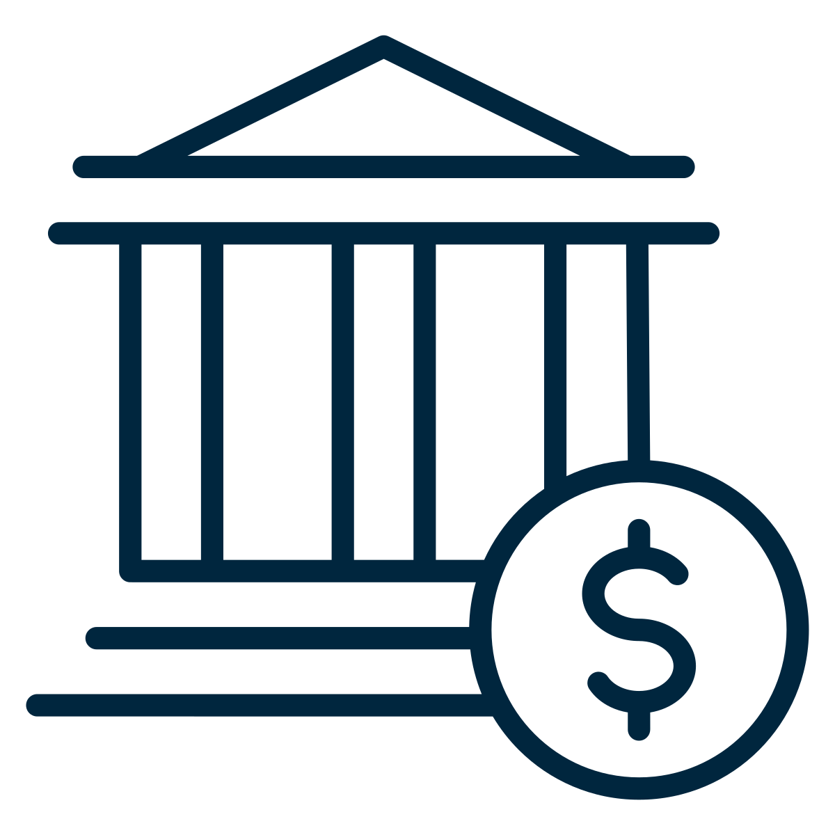 Outline of a courthouse or government building with a dollar sign symbol, representing legal or financial transactions.