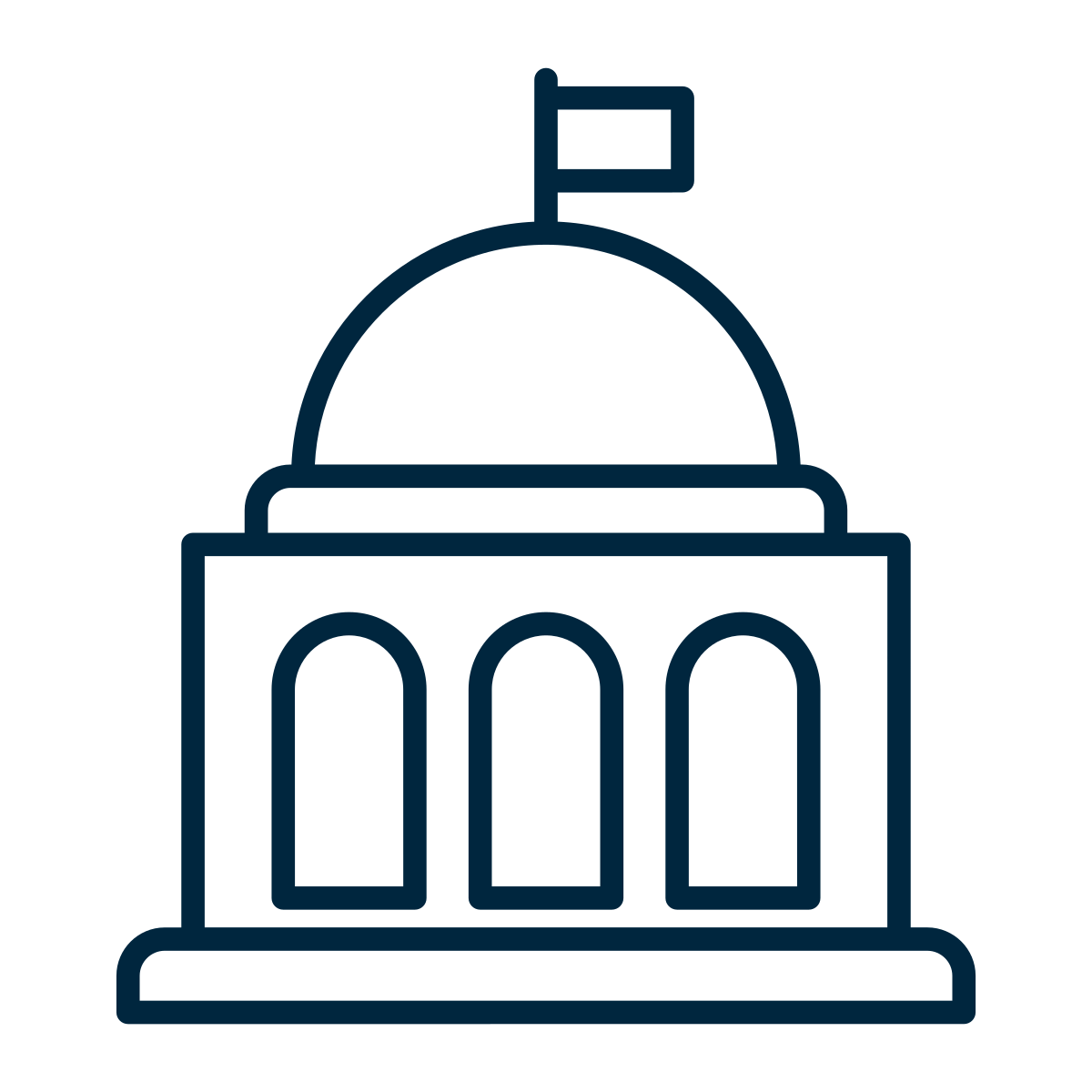 Outline of a government building with a dome and flag on top.