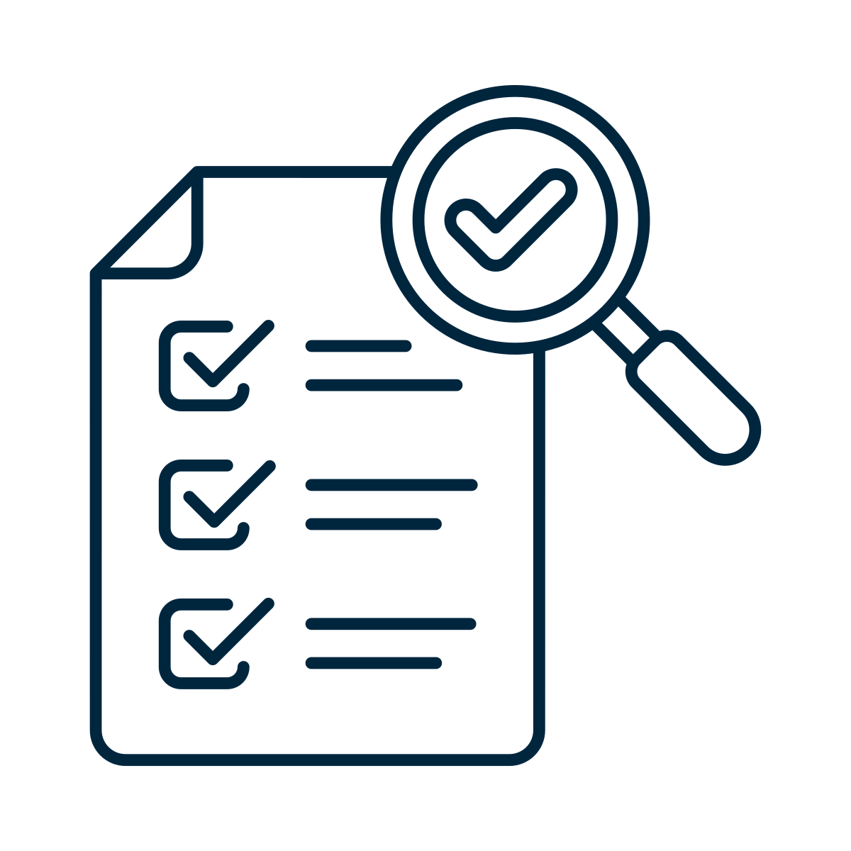 Outline of a checklist with checkmarks and a magnifying glass with a checkmark in the lens.