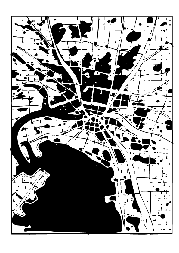 Black and white line drawing of a city map with streets, parks, and a lake in the lower left corner.