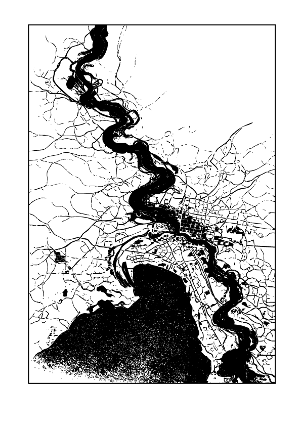Black and white map outline of a city with a river running through it.
