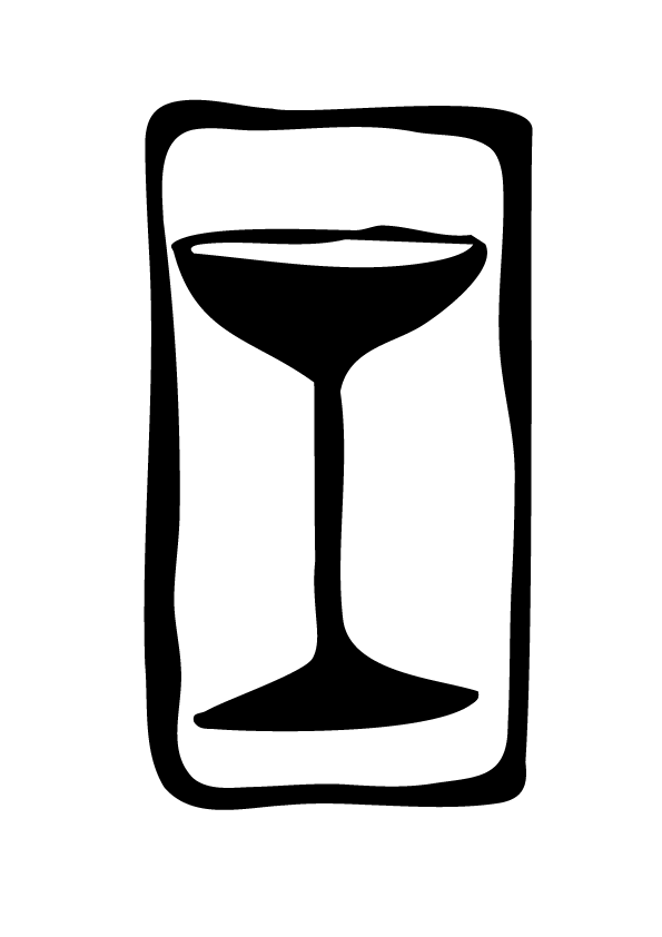 Black outline of a cocktail glass with a stem, inside a rectangular border.
