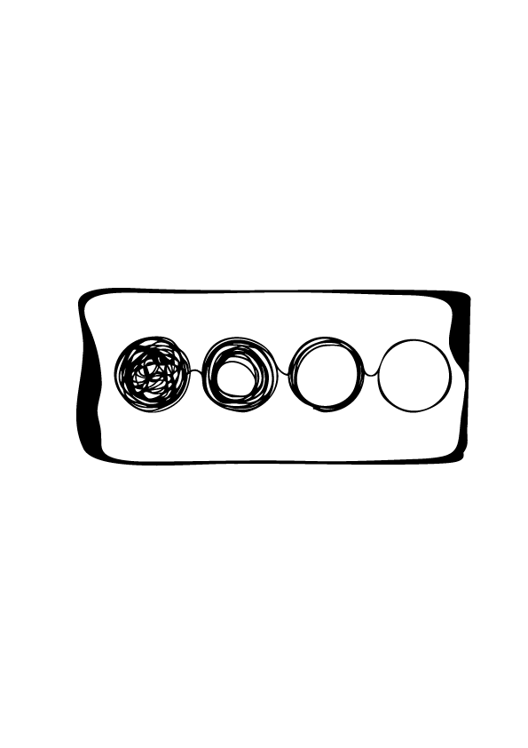Line drawing of a sushi boat with four pieces of sushi.