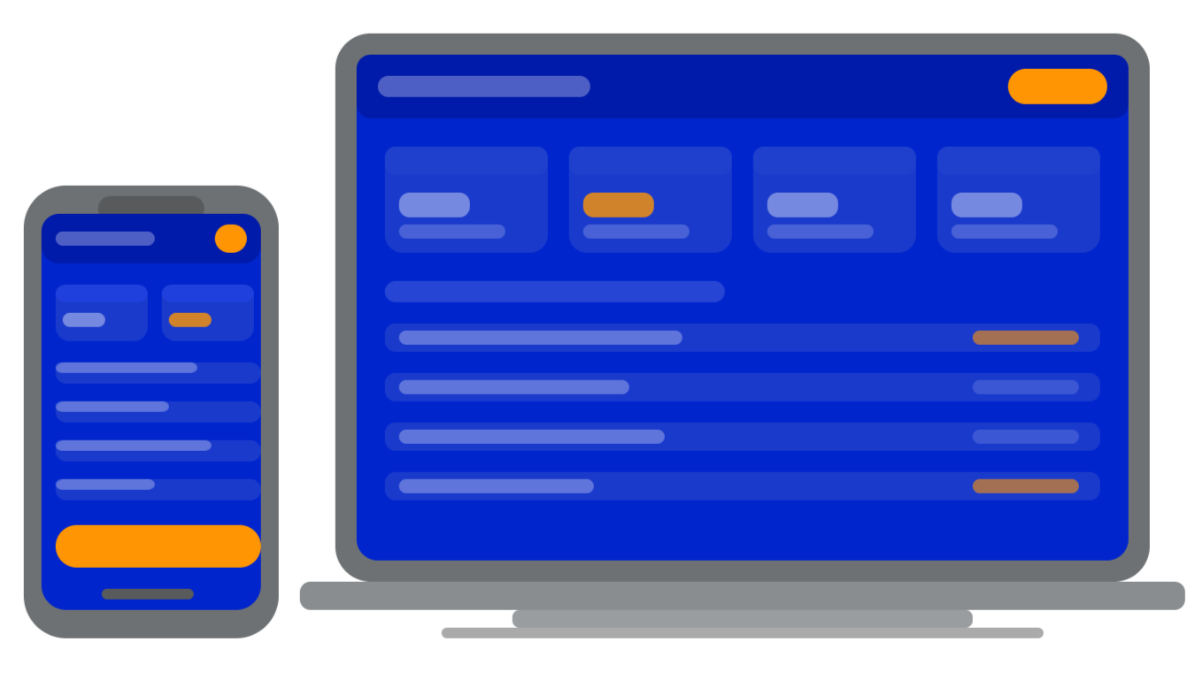 A digital illustration of a smartphone and laptop displaying blurred screens with blue and orange color schemes, resembling user interfaces.