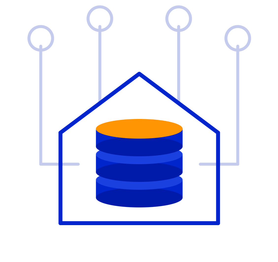 A digital illustration of a house with a blue roof and orange interior, connected to three pipes with blue and purple coloring, suggesting a plumbing or HVAC system.