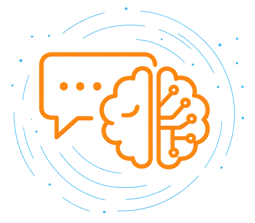 Neon-style icon combining a speech bubble and a cloud with interconnected lines, representing artificial intelligence and communication.